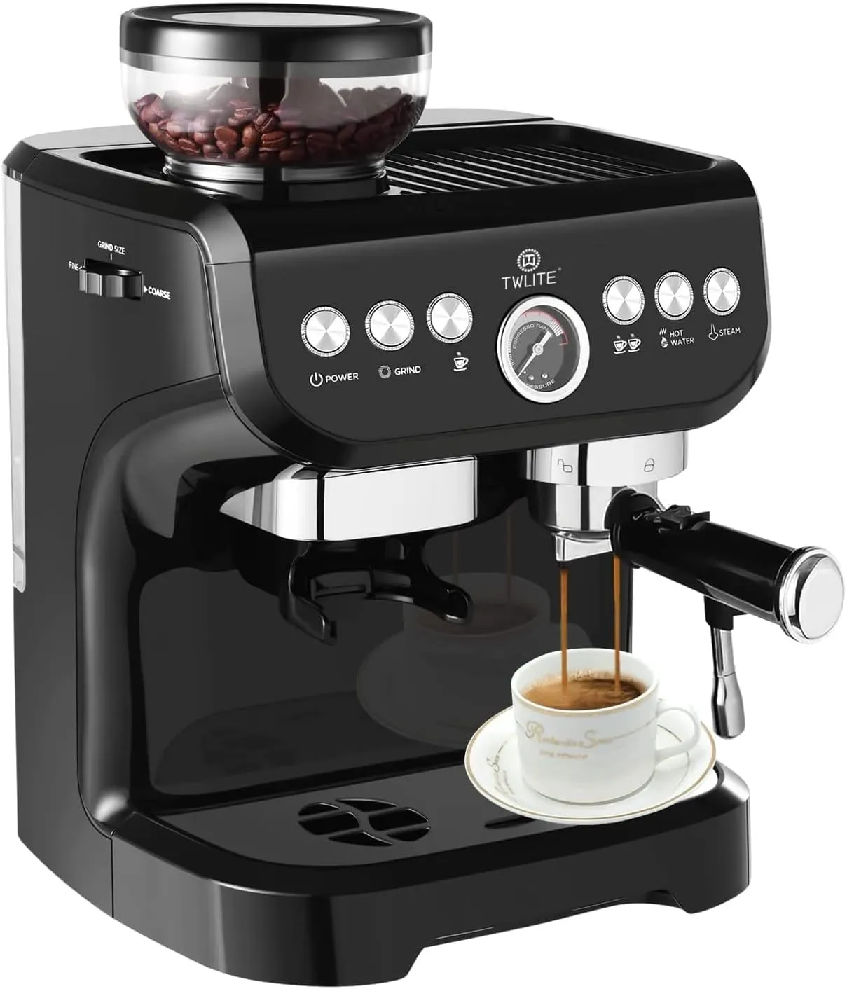 𝐄𝐬𝐩𝐫𝐞𝐬𝐬𝐨 𝐌𝐚𝐜𝐡𝐢𝐧𝐞 𝐰𝐢𝐭𝐡 𝐆𝐫𝐢𝐧𝐝𝐞𝐫, Professional Espresso Maker with Milk Frother Steam Wand, 15 Bar Barista Cappuccino Machine