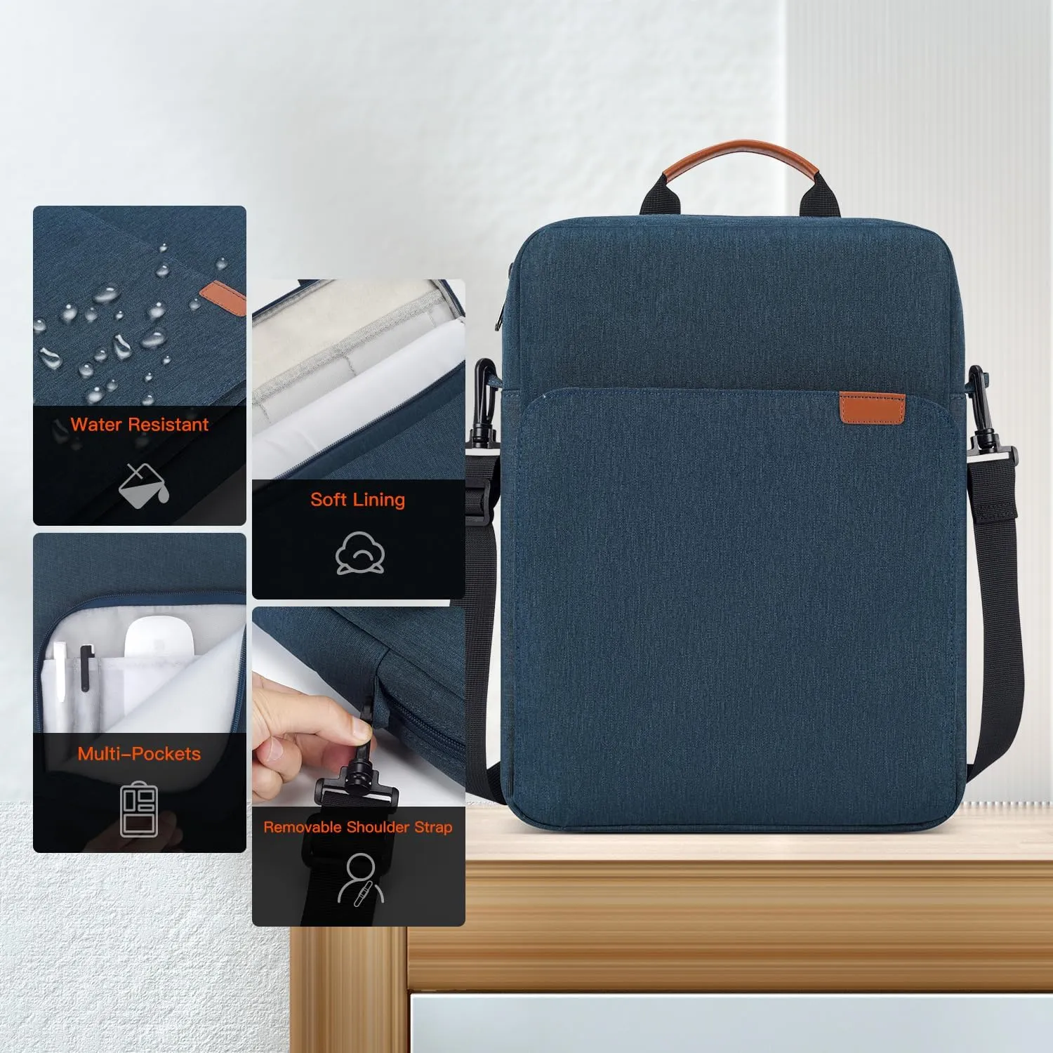 13 inch iPad Air Sleeve Case Carrying Bag for iPad Pro 12.9 M2, Surface Pro 10/X/9, MacBook Pro 13/14 M3, MacBook Air 13.6 with Shoulder Strap,Navy Blue