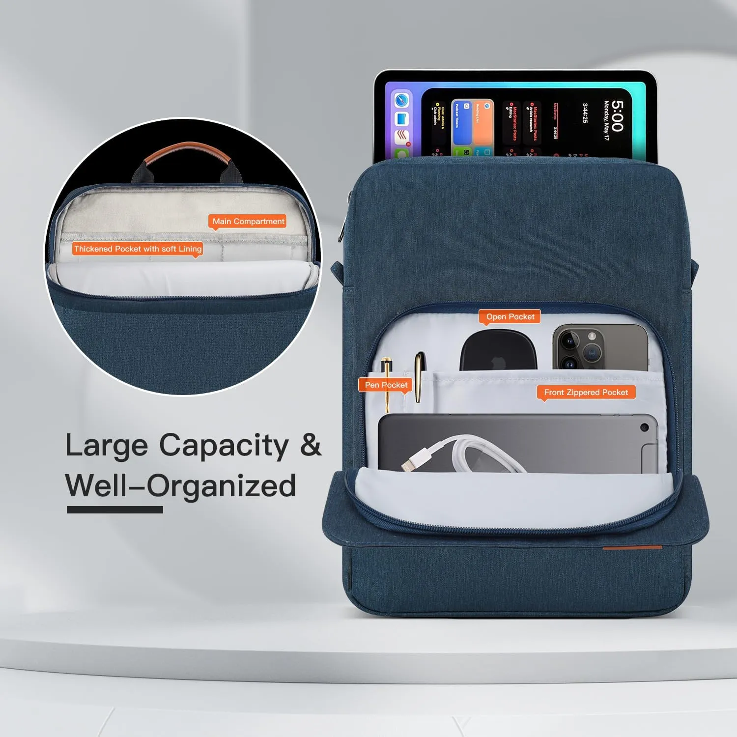 13 inch iPad Air Sleeve Case Carrying Bag for iPad Pro 12.9 M2, Surface Pro 10/X/9, MacBook Pro 13/14 M3, MacBook Air 13.6 with Shoulder Strap,Navy Blue