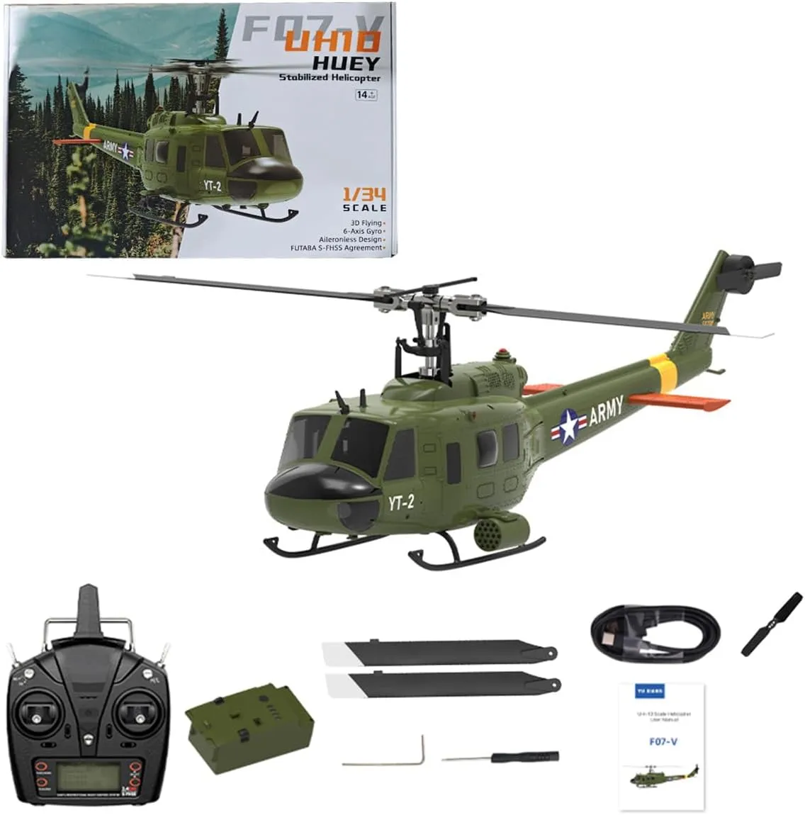 1/34 F07-V UH-1 RC Helicopter, 2.4G 6CH Brushless Direct-Drive Flybarless RC Military Helicopter, Remote Control Helicopter for Adults Outdoor RC Armed Helicopter Toy -RTF