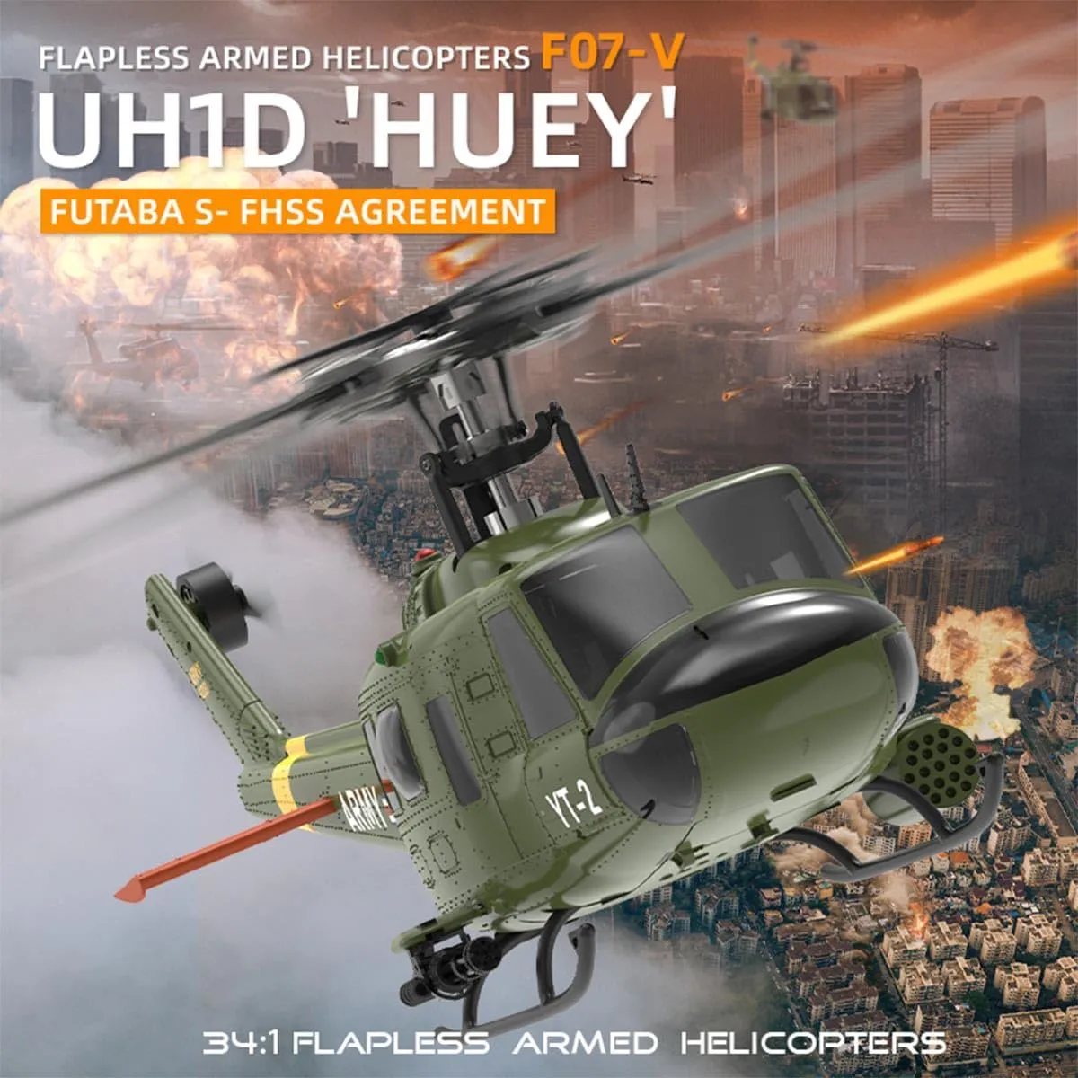 1/34 F07-V UH-1 RC Helicopter, 2.4G 6CH Brushless Direct-Drive Flybarless RC Military Helicopter, Remote Control Helicopter for Adults Outdoor RC Armed Helicopter Toy -RTF