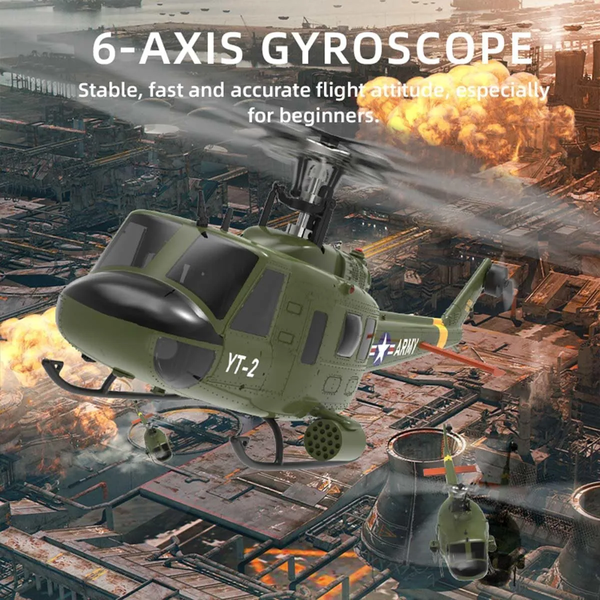 1/34 F07-V UH-1 RC Helicopter, 2.4G 6CH Brushless Direct-Drive Flybarless RC Military Helicopter, Remote Control Helicopter for Adults Outdoor RC Armed Helicopter Toy -RTF