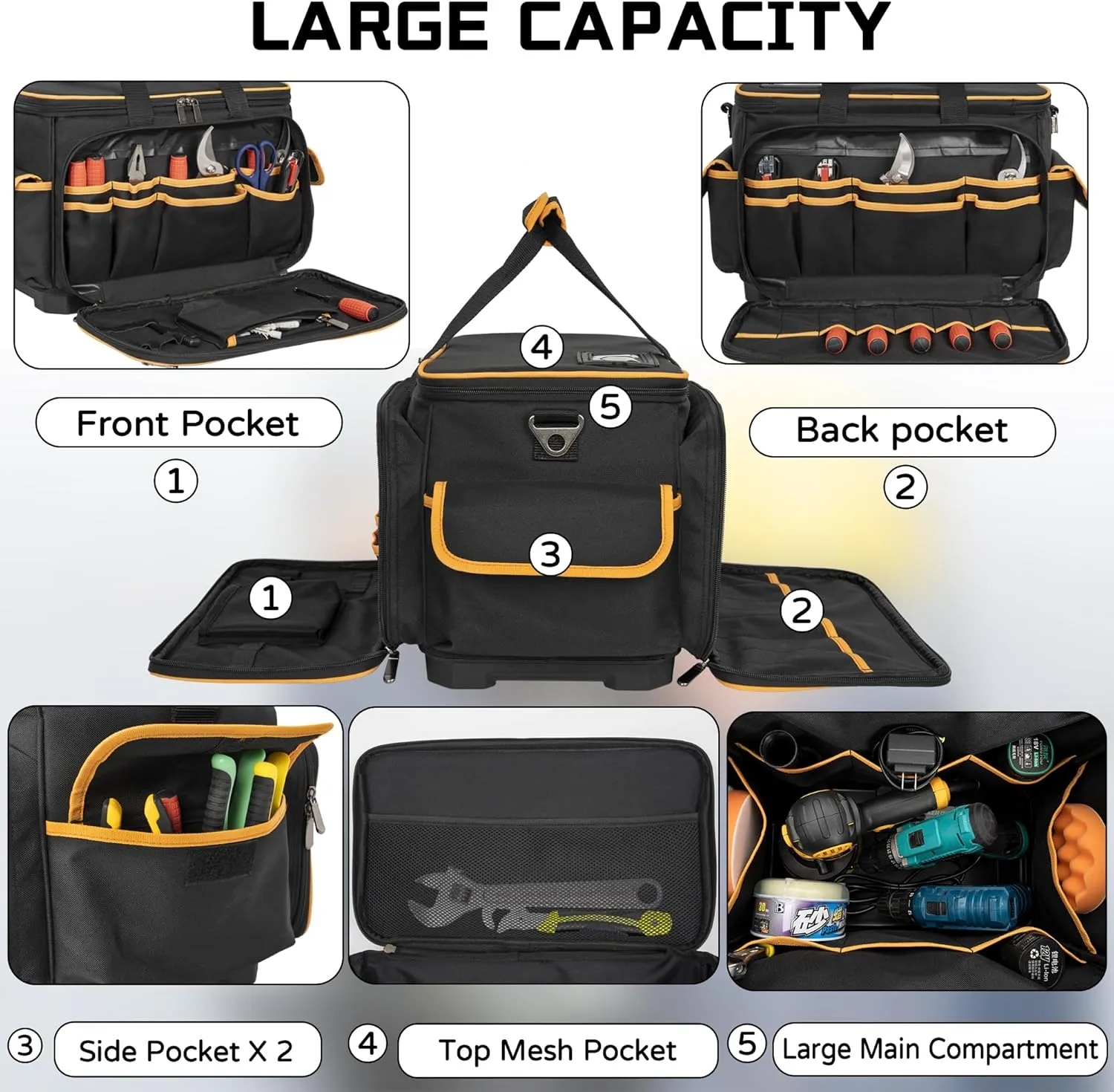 14 Inch Tool Bag with Waterproof Hard Bottom, Large Multi-Pockets Tool Tote Organizer with Adjustable Shoulder Strap