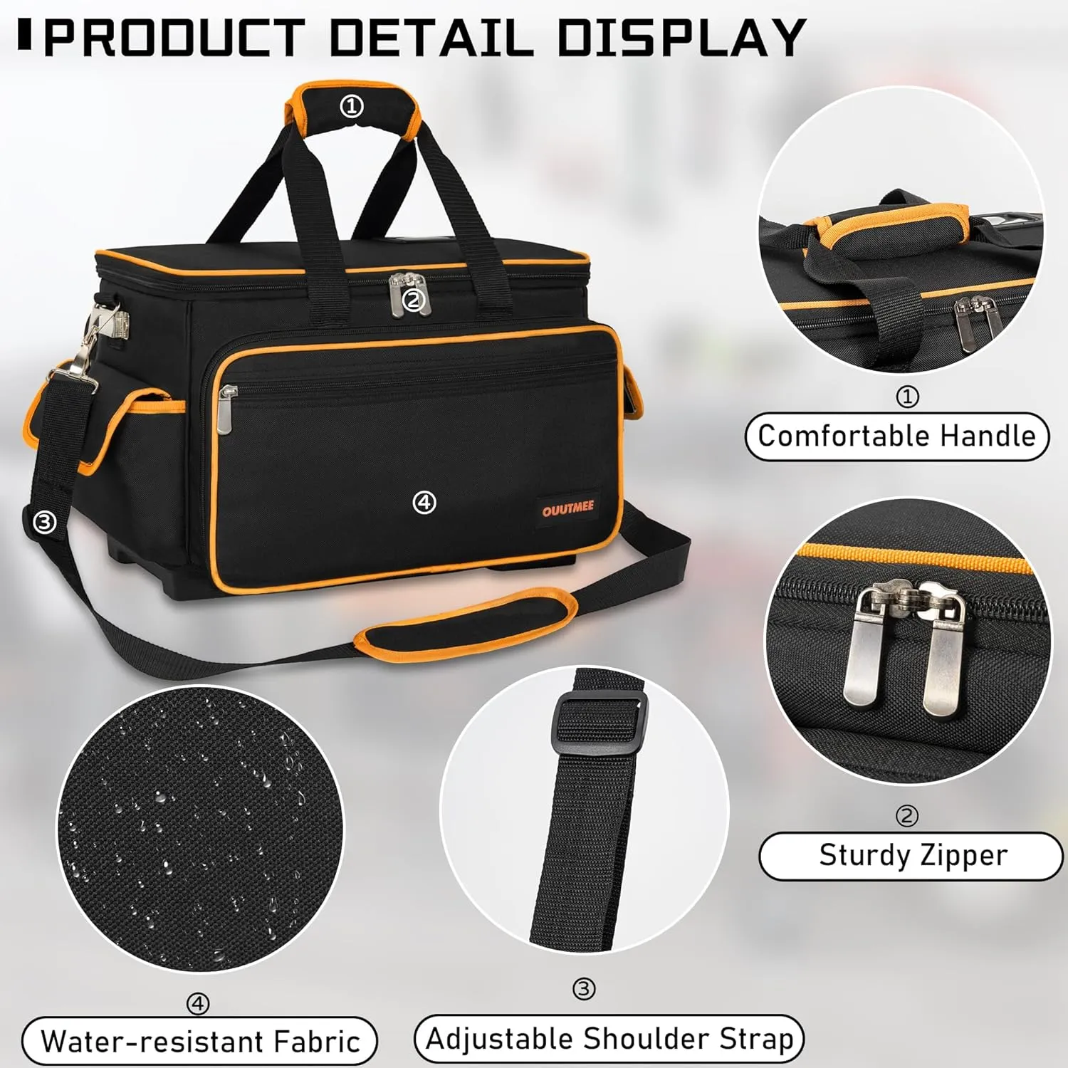 14 Inch Tool Bag with Waterproof Hard Bottom, Large Multi-Pockets Tool Tote Organizer with Adjustable Shoulder Strap