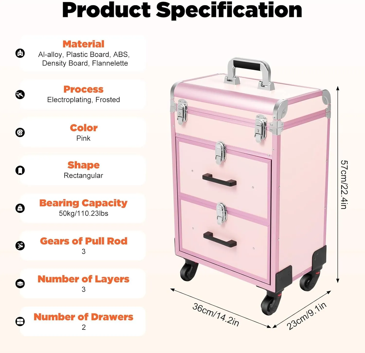 14 x 9 x 23inch Rolling Makeup Case, Large Cosmetic Trolley with Locks, 3 Layers Professional Large Cosmetic Trolley for On The Go Makeup/Nail Art/Hair Styling (Pink)