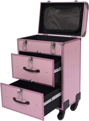 14 x 9 x 23inch Rolling Makeup Case, Large Cosmetic Trolley with Locks, 3 Layers Professional Large Cosmetic Trolley for On The Go Makeup/Nail Art/Hair Styling (Pink)