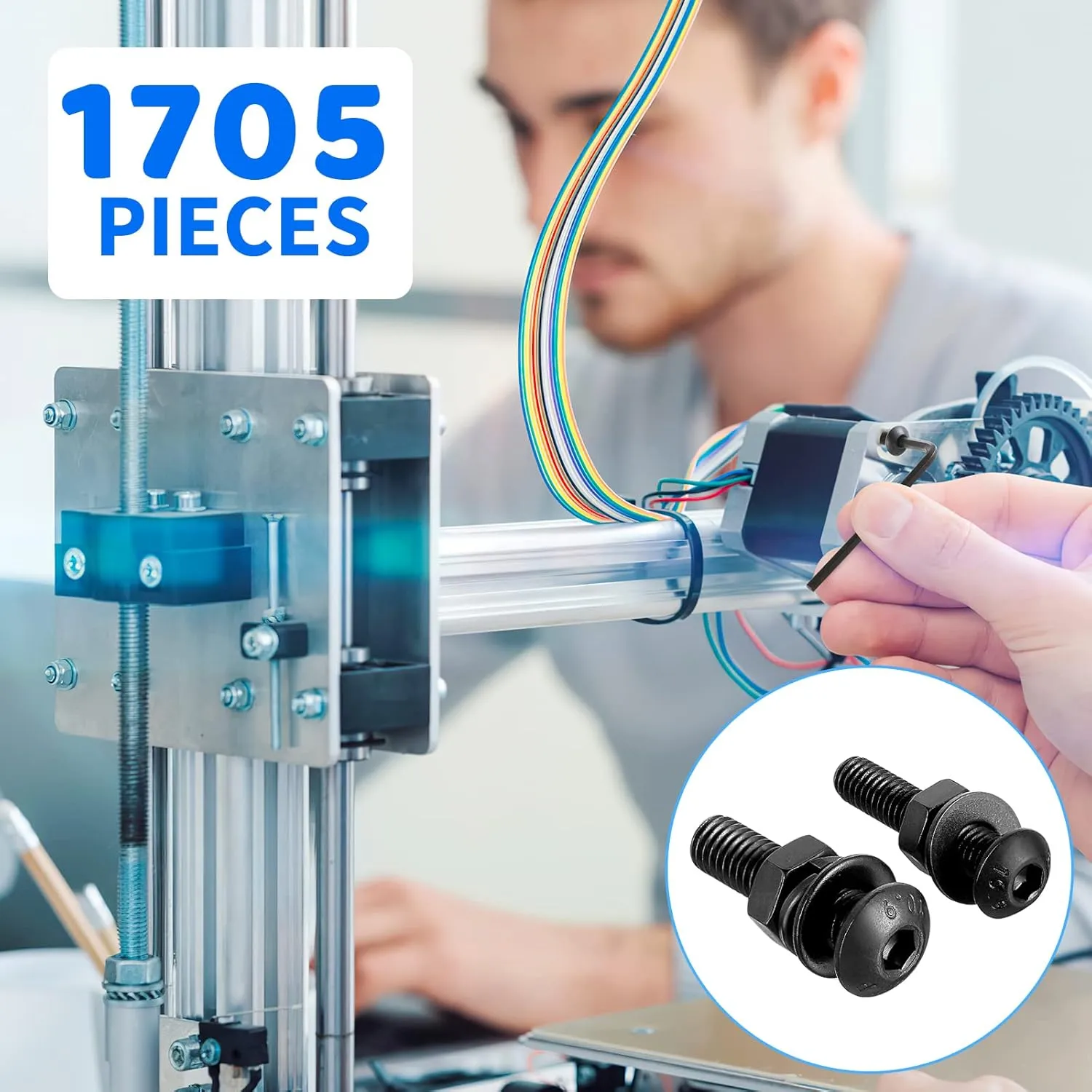 1705 Pcs Machine Screw Assortment Kit, M2 M3 M4 M5 Metric Bolts and Nuts Kit with Lock and Flat Washers, Hex Button Head 10.9 Alloy Steel Cap Screw Set with Allen Wrench