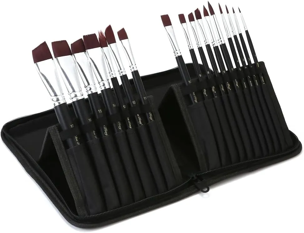 17Pcs Artist Paint Brush Set, Colored Painting Brushes, Watercolor Paint Brush, Nylon Hair Brushes with Storage Bag for Gouache Oil and Tempera Painting