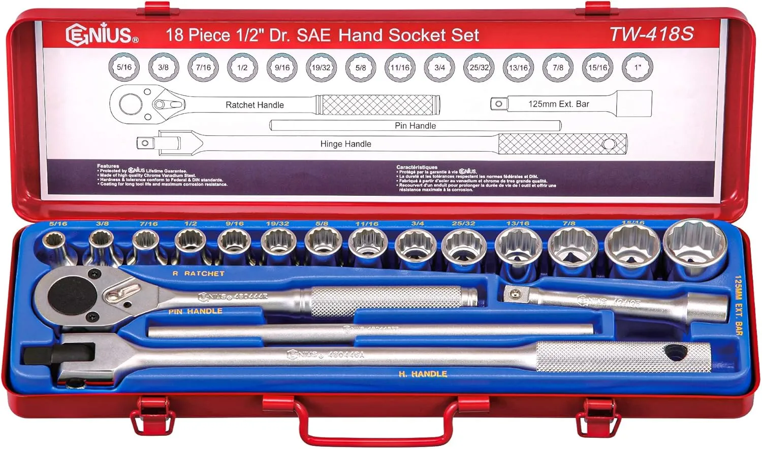 18 Piece 1/2" Dr. SAE Hand Socket Set (12-Point) TW-418S
