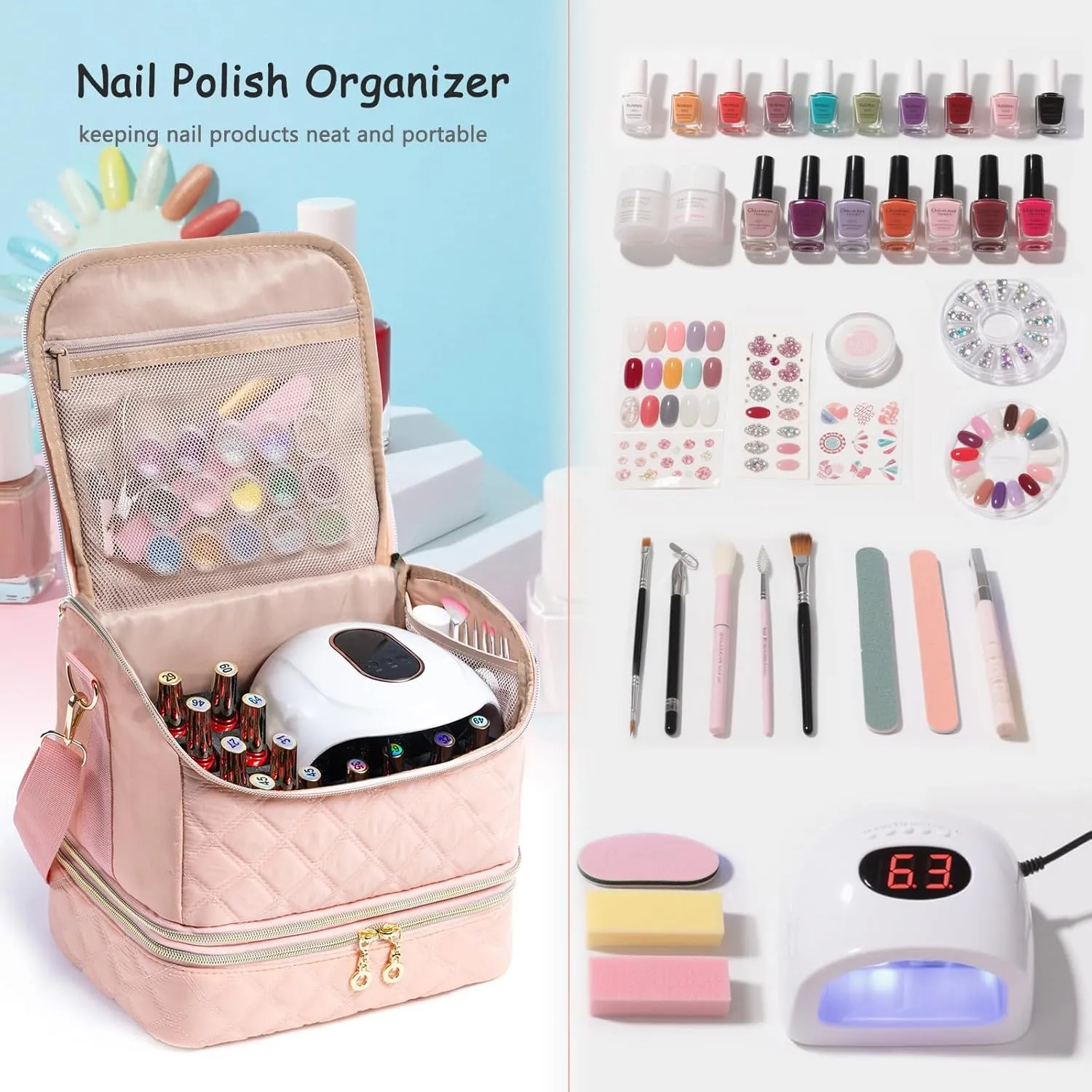 2-in-1 Nail Polish Organizer Case – Holds 48 Bottles, Nail Supplies & Manicure Tools – Portable Nail Tech Storage Bag with Removable Slots, Travel Nail Kit Carrying Case
