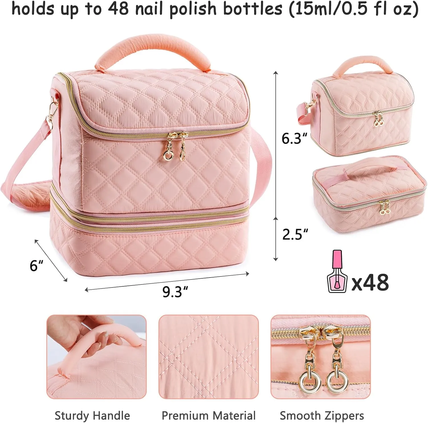 2-in-1 Nail Polish Organizer Case – Holds 48 Bottles, Nail Supplies & Manicure Tools – Portable Nail Tech Storage Bag with Removable Slots, Travel Nail Kit Carrying Case