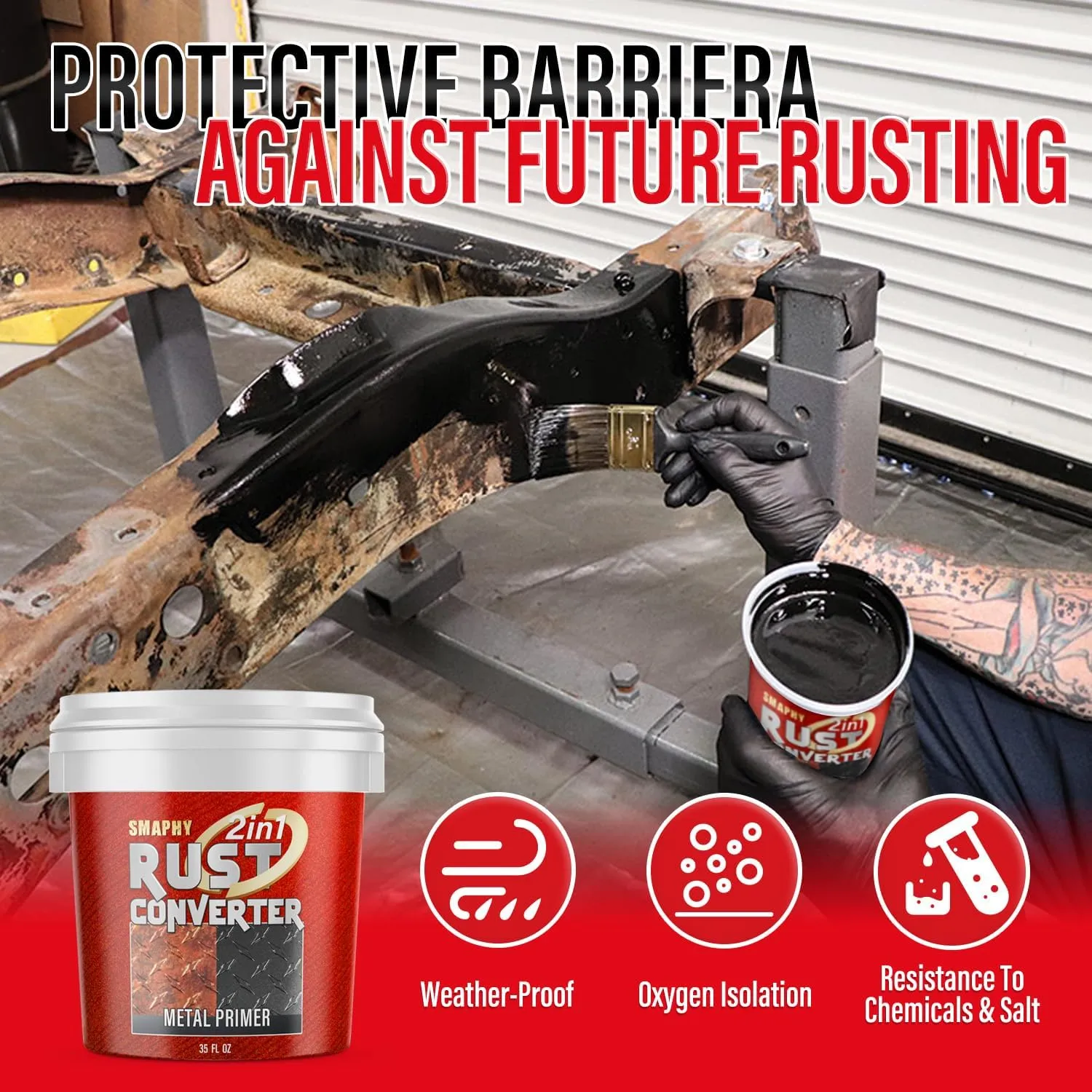 2-in-1 Rust Converter for Metal, Silver Rust Paint, Tough Rust Inhibitor for Cars, Anti-Heat Primer Coating, Corrosion Stopper for Trailer, Chassis & More (35 Fl Oz)