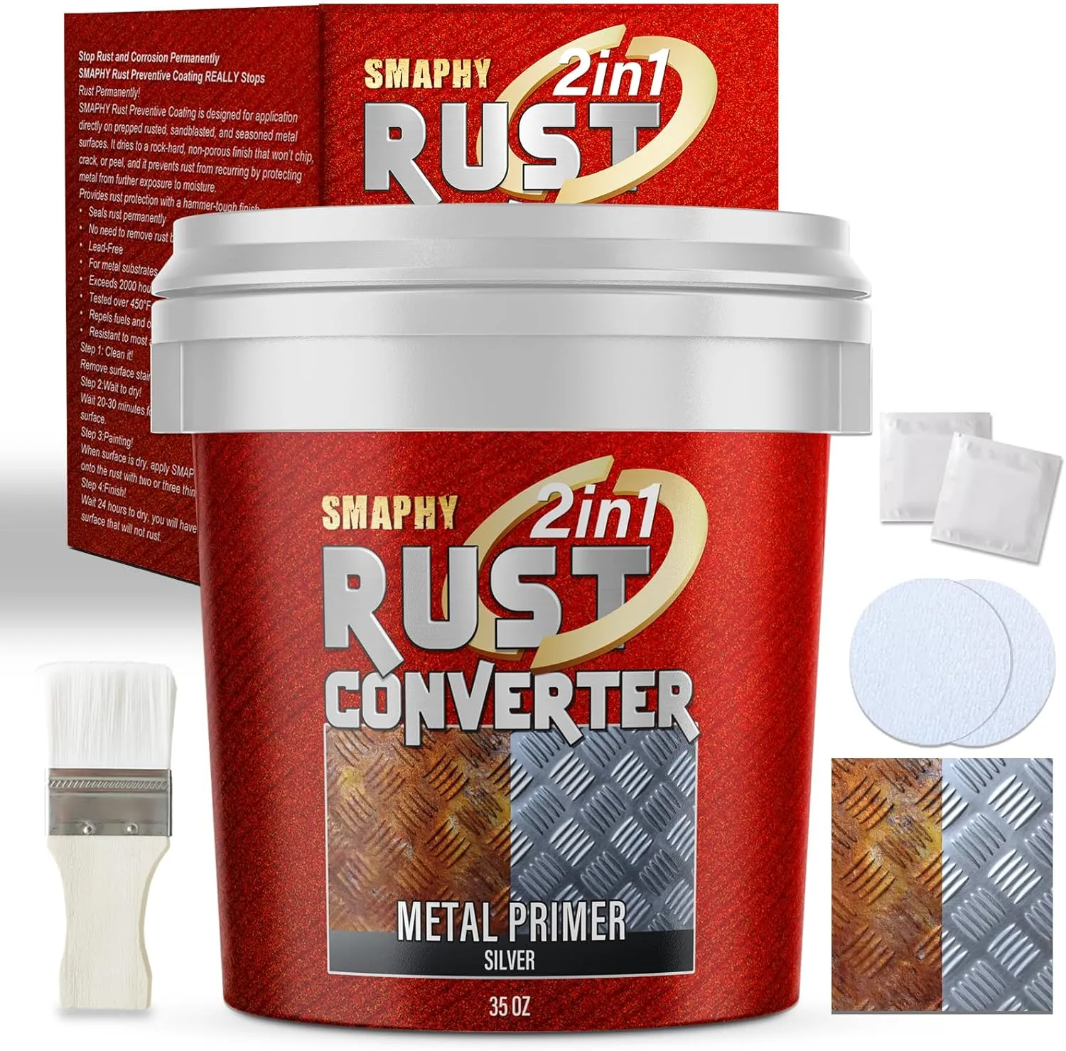 2-in-1 Rust Converter for Metal, Silver Rust Paint, Tough Rust Inhibitor for Cars, Anti-Heat Primer Coating, Corrosion Stopper for Trailer, Chassis & More (35 Fl Oz)