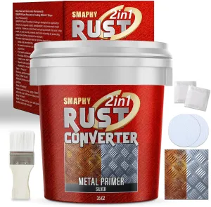 2-in-1 Rust Converter for Metal, Silver Rust Paint, Tough Rust Inhibitor for Cars, Anti-Heat Primer Coating, Corrosion Stopper for Trailer, Chassis & More (35 Fl Oz)