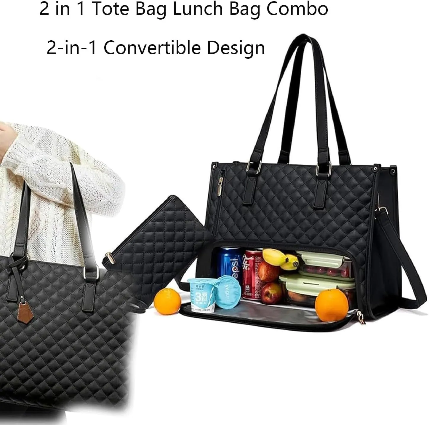 2 in 1 Tote Bag Lunch Bag Combo，The Ultimate 2-in-1 Tote Bags ，Laptop Bag Combo Women，with Lunch Compartment，with Purse