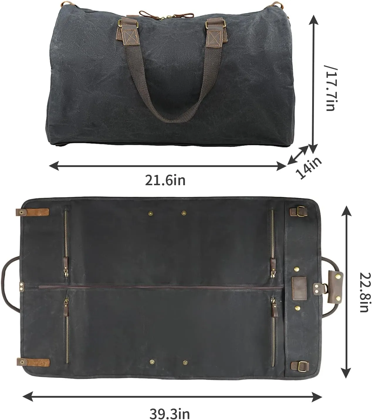 2 in 1 Waxed Canvas Leather Suit Luggage Garment Bag with Shoulder Strap for Travel and Business Trips (Black)