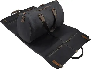 2 in 1 Waxed Canvas Leather Suit Luggage Garment Bag with Shoulder Strap for Travel and Business Trips (Black)