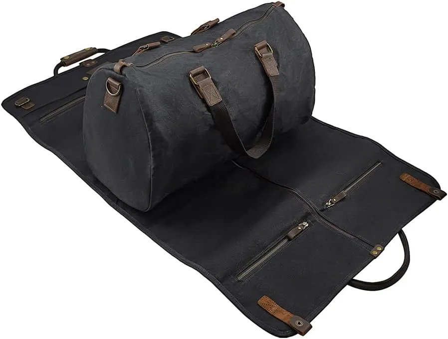 2 in 1 Waxed Canvas Leather Suit Luggage Garment Bag with Shoulder Strap for Travel and Business Trips (Black)