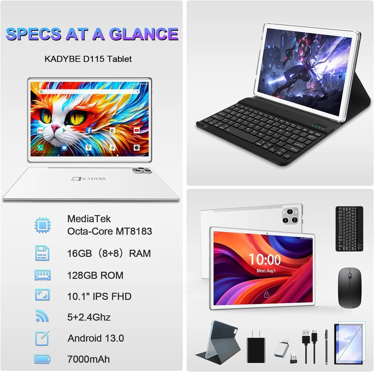 2025 Latest Tablet Android 13 Tablets 10 Inch, Tablets 128GB ROM 16GB RAM (8 8 Virtual), 2 In 1 Tablet with keyboard, Powerful Octa-Core 13MP Camera, 1TB TF Expandable, FHD IPS Display WiFi Tableta PC