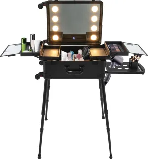 21'' Aluminum Trolley Makeup Train Case, Professional Makeup Train Case Rolling Cosmetic Trolley Storage Case with LED Light Professional Cosmetic Make up Cosmetic Organizer Studio (Black)