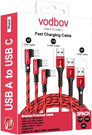 3-Pack USB C Cable, [4ft 6ft 10ft] USB A to USB C Fast Charging & Data Transfer, Red Braided Nylon Cable with 90-Degree Right Angle Connector, Compatible with Smartphones, Tablets, and More