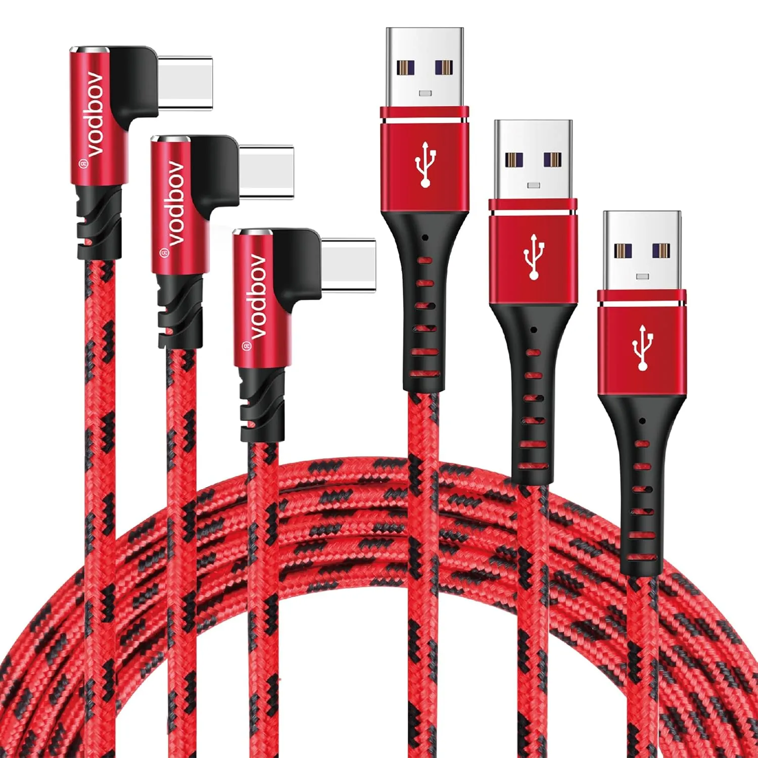 3-Pack USB C Cable, [4ft 6ft 10ft] USB A to USB C Fast Charging & Data Transfer, Red Braided Nylon Cable with 90-Degree Right Angle Connector, Compatible with Smartphones, Tablets, and More