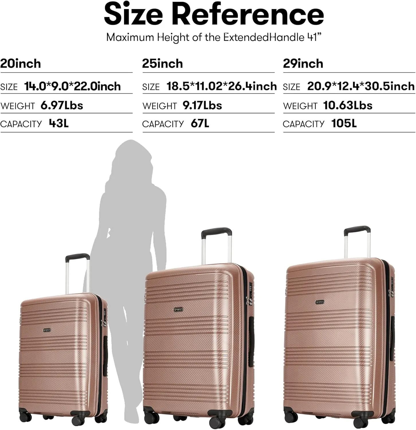 3 Piece Hardshell Luggage Sets 20" Carry-On 25"/29" Checked Luggage Large Suitcases with Wheels Tsa Lock, Rose Gold