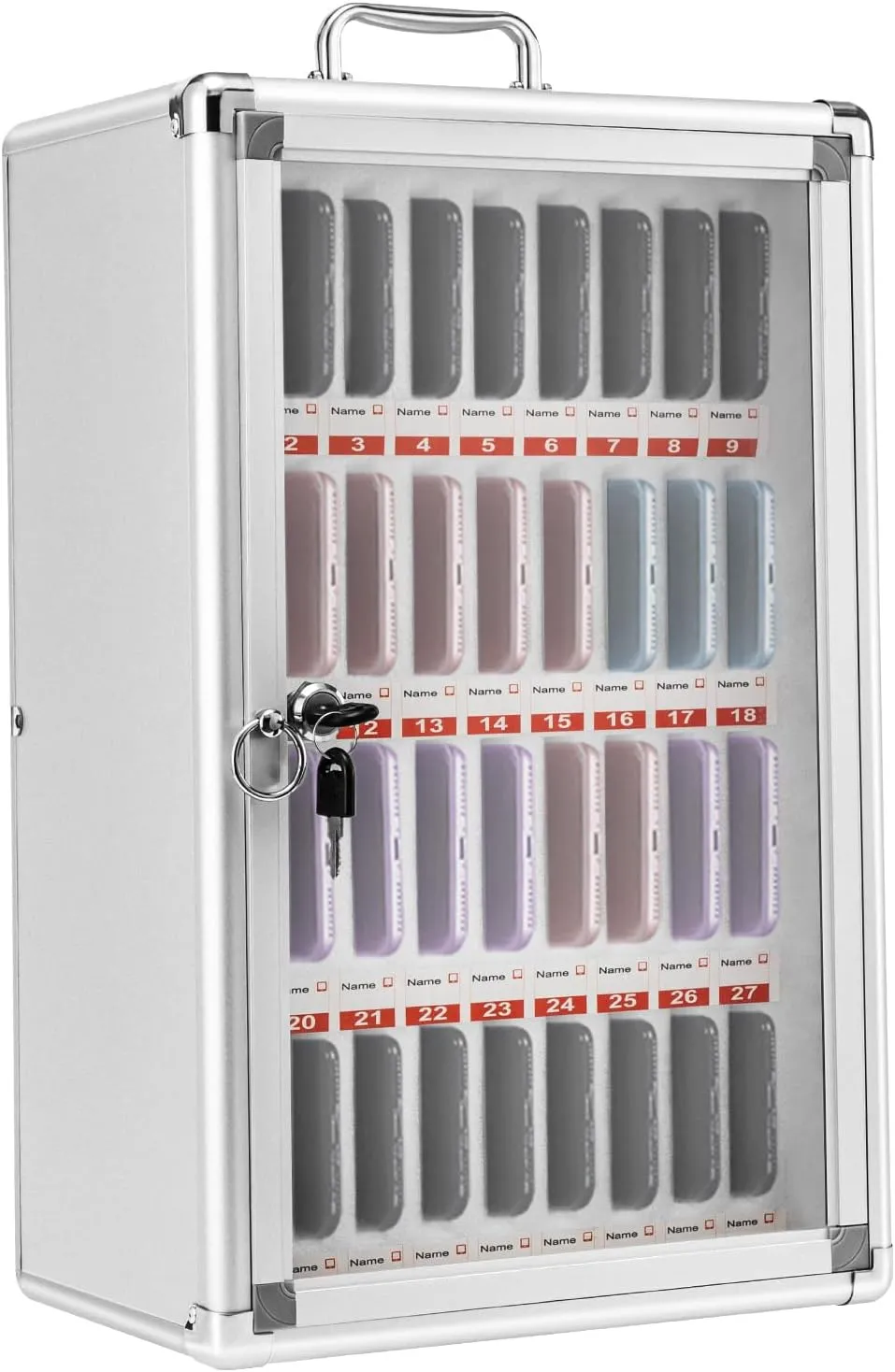 36 Slots Cell Phone Locker, Portable Phone Storage Cabinet Pocket Chart Wall Mounted Aluminum Alloy Key Lock Box W/Handle for Classroom Office Gym (12.6 * 7.9 * 19.3in)