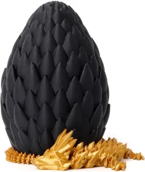 3D Printed Dragon Egg - Black Egg with Gold Dragon - Large Fidget Toy with Flexible Animal, 3D Printed Gift,Figurine Decor, Executive Desk Toy, Easter Basket Stuffers(12” Dragon)