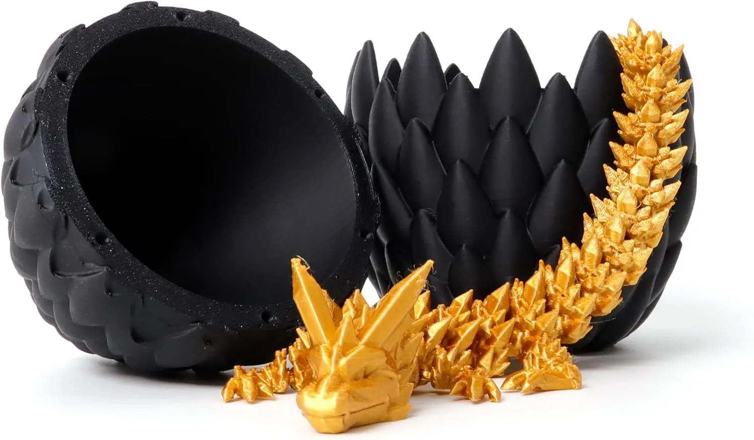 3D Printed Dragon Egg - Black Egg with Gold Dragon - Large Fidget Toy with Flexible Animal, 3D Printed Gift,Figurine Decor, Executive Desk Toy, Easter Basket Stuffers(12” Dragon)