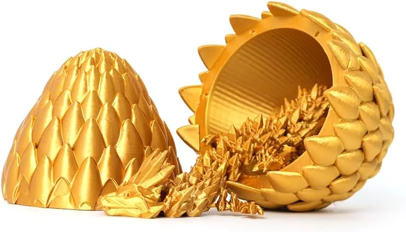 3D Printed Dragon Egg - Gold - Surprise Egg with 12" Flexible Crystal Dragon Inside, Mythical 3D Printed Gift Toy, Desk Executive Pet, Figurine Decor