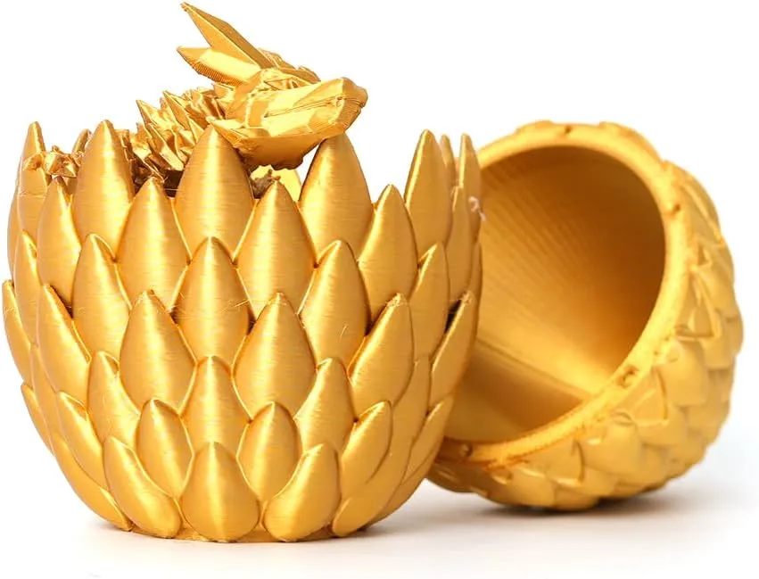 3D Printed Dragon Egg - Gold - Surprise Egg with 12" Flexible Crystal Dragon Inside, Mythical 3D Printed Gift Toy, Desk Executive Pet, Figurine Decor