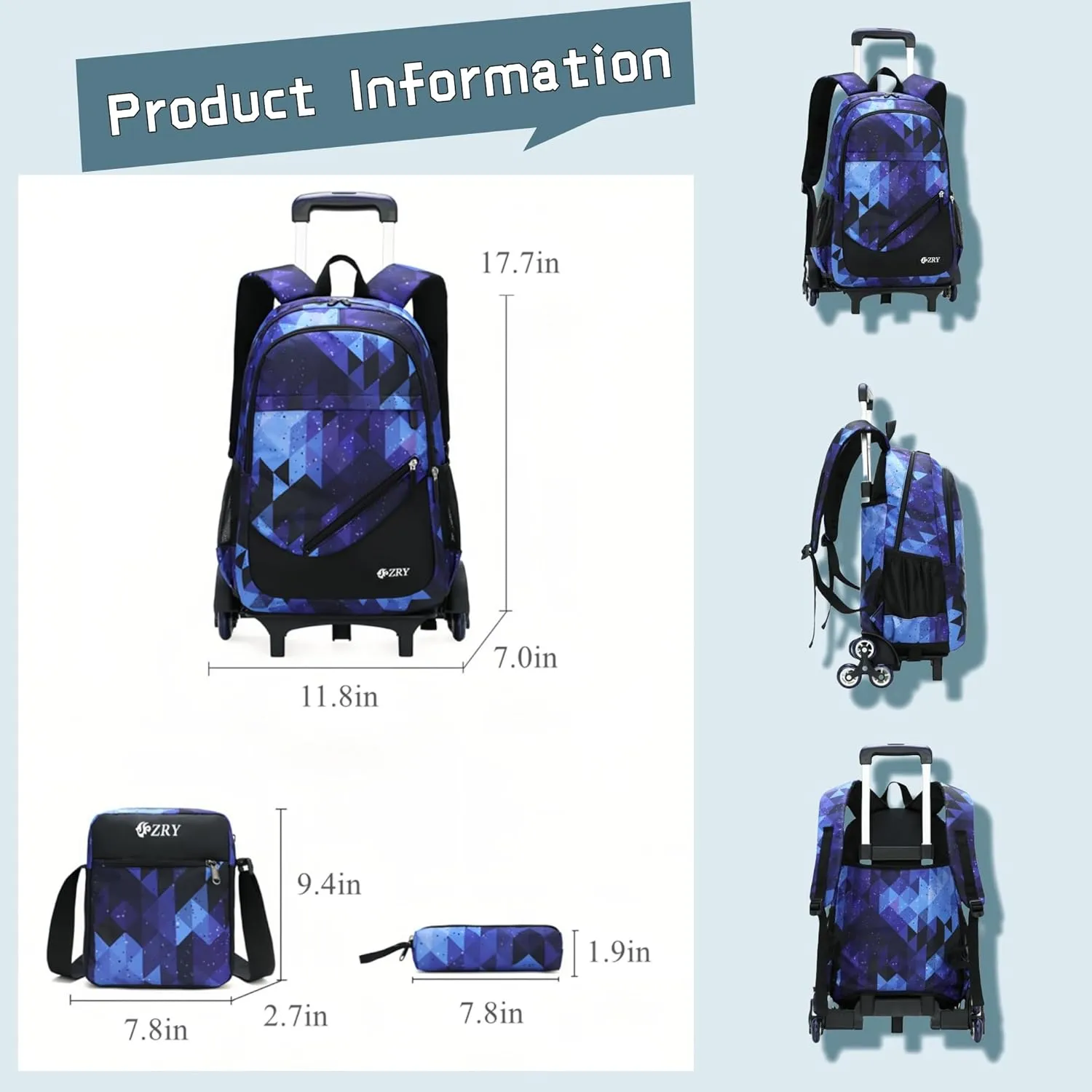 3Pcs Blue Space Boys Rolling Backpacks for Middle School Trolley Wheeled Elemntary Bookbags on 6 Wheels, with Crossbody Bag and Pencil Case
