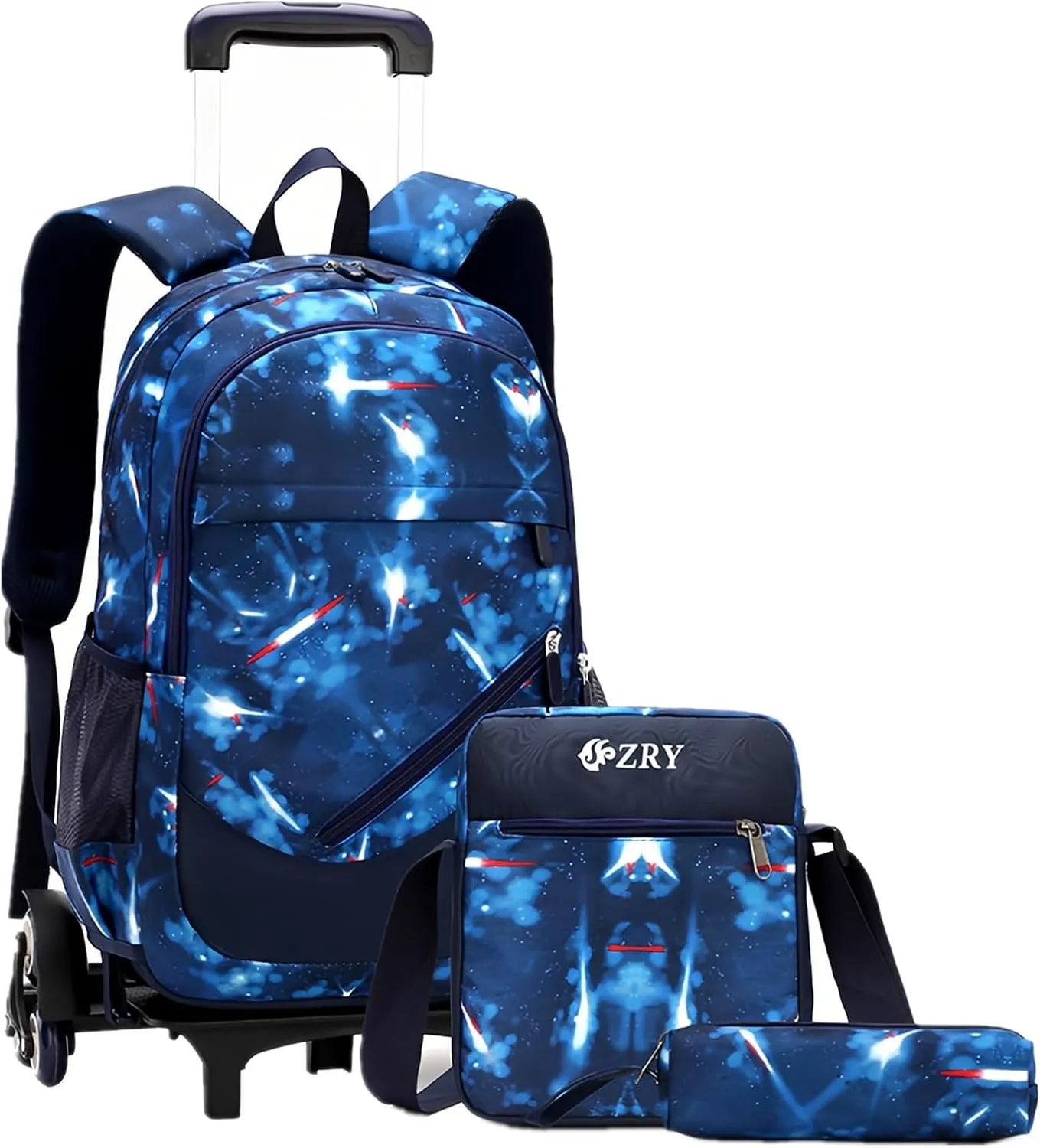 3Pcs Blue Space Boys Rolling Backpacks for Middle School Trolley Wheeled Elemntary Bookbags on 6 Wheels, with Crossbody Bag and Pencil Case