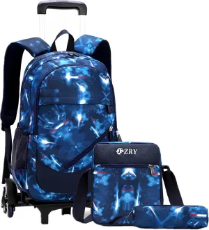 3Pcs Blue Space Boys Rolling Backpacks for Middle School Trolley Wheeled Elemntary Bookbags on 6 Wheels, with Crossbody Bag and Pencil Case