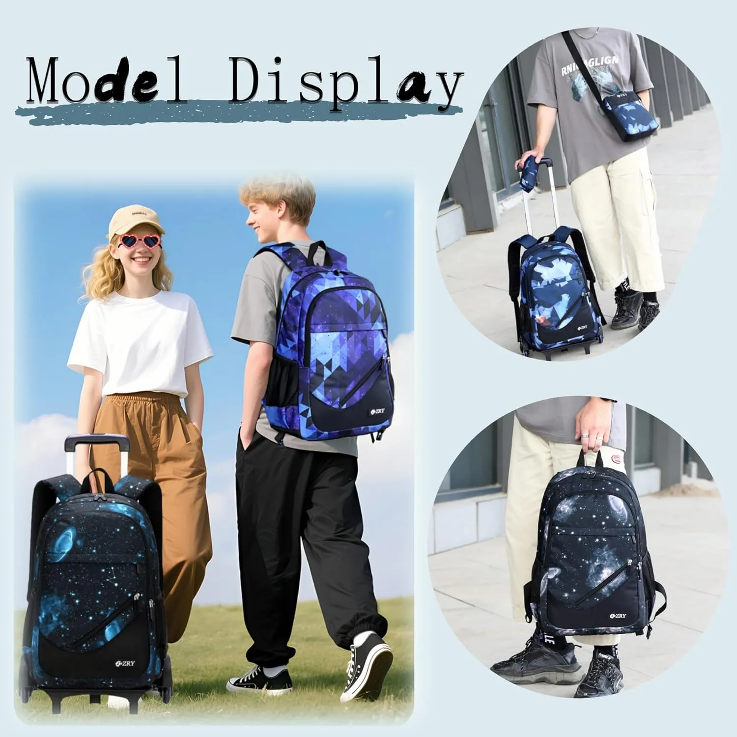 3Pcs Blue Space Boys Rolling Backpacks for Middle School Trolley Wheeled Elemntary Bookbags on 6 Wheels, with Crossbody Bag and Pencil Case