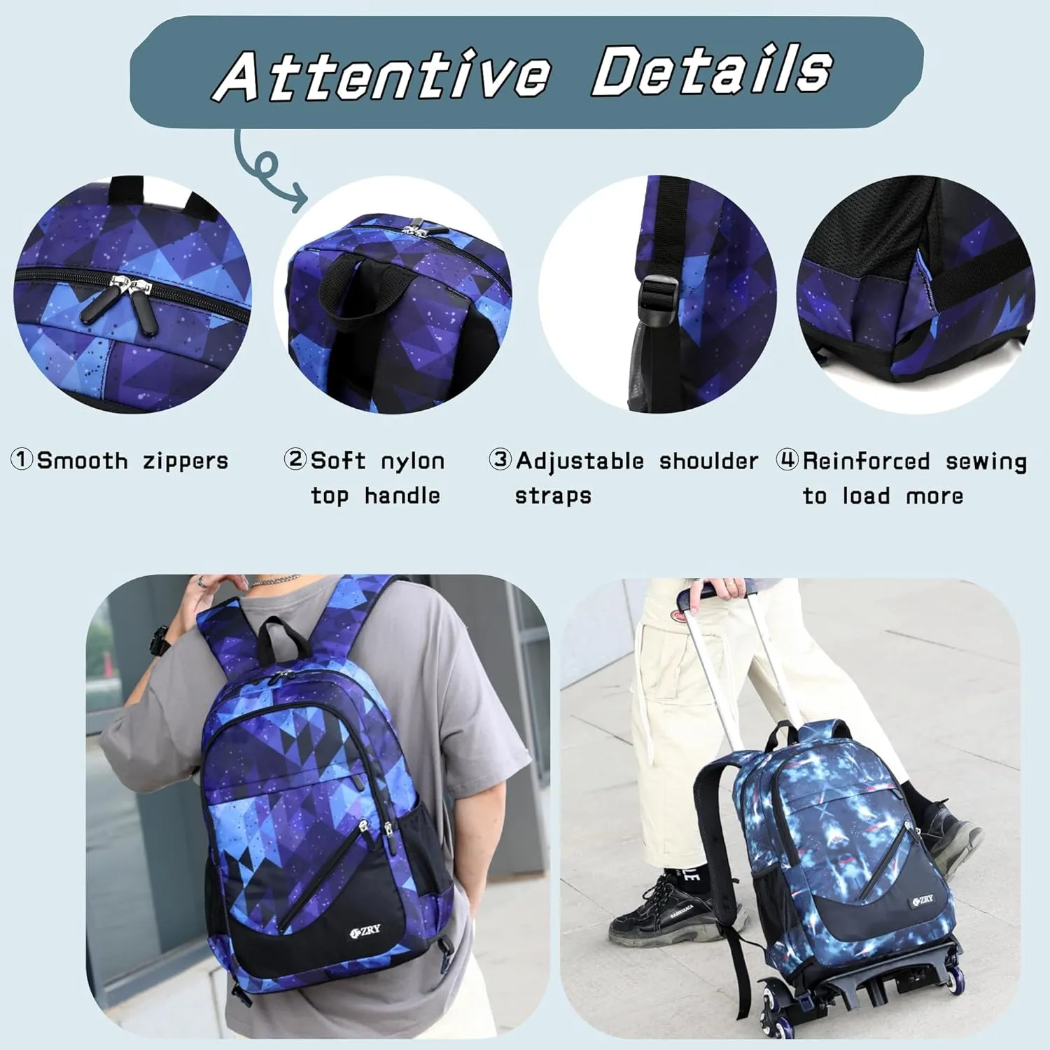 3Pcs Blue Space Boys Rolling Backpacks for Middle School Trolley Wheeled Elemntary Bookbags on 6 Wheels, with Crossbody Bag and Pencil Case