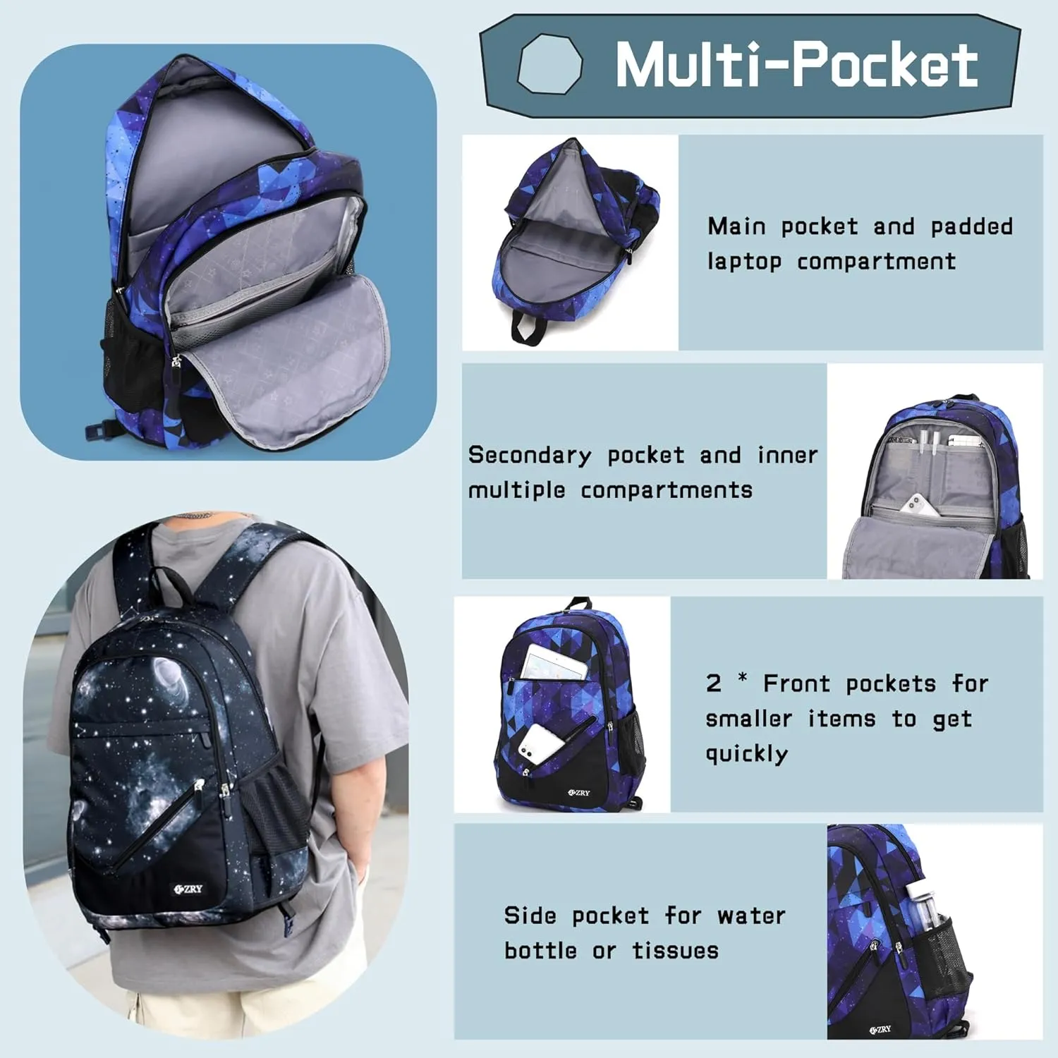 3Pcs Blue Space Boys Rolling Backpacks for Middle School Trolley Wheeled Elemntary Bookbags on 6 Wheels, with Crossbody Bag and Pencil Case