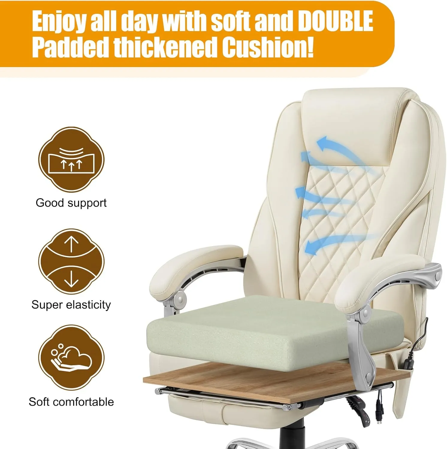 400lbs Executive Leather Office Chair with Ergonomic Design and Reclining Function - Comfortable Computer Desk Chair with Integrated Foot Rest-Beige & Classic