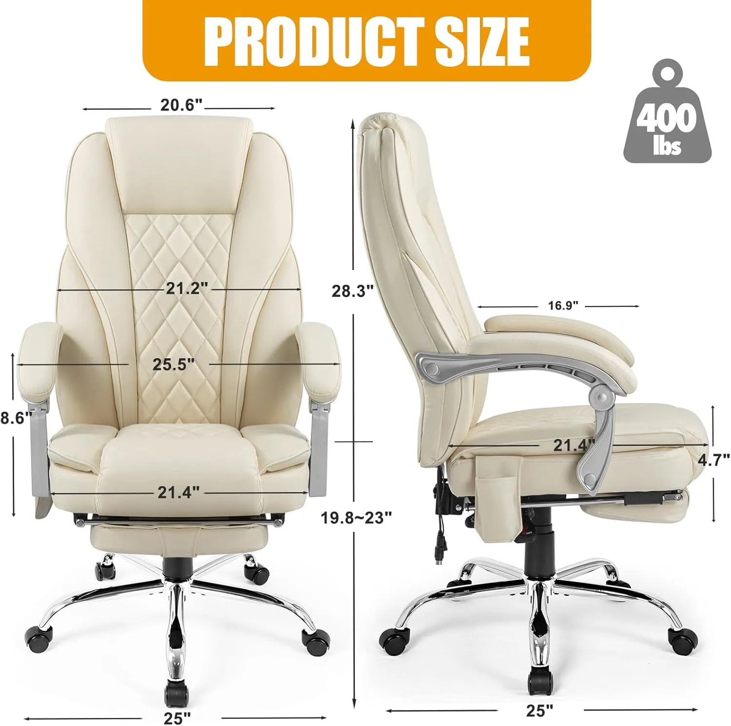 400lbs Executive Leather Office Chair with Ergonomic Design and Reclining Function - Comfortable Computer Desk Chair with Integrated Foot Rest-Beige & Classic