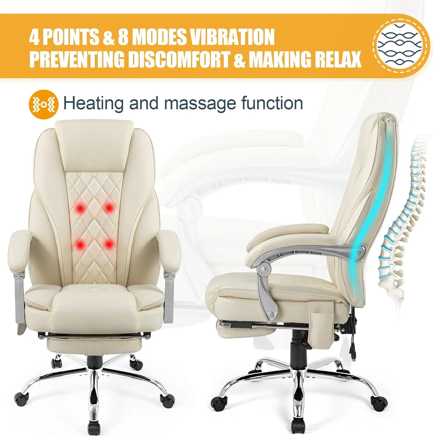 400lbs Executive Leather Office Chair with Ergonomic Design and Reclining Function - Comfortable Computer Desk Chair with Integrated Foot Rest-Beige & Classic