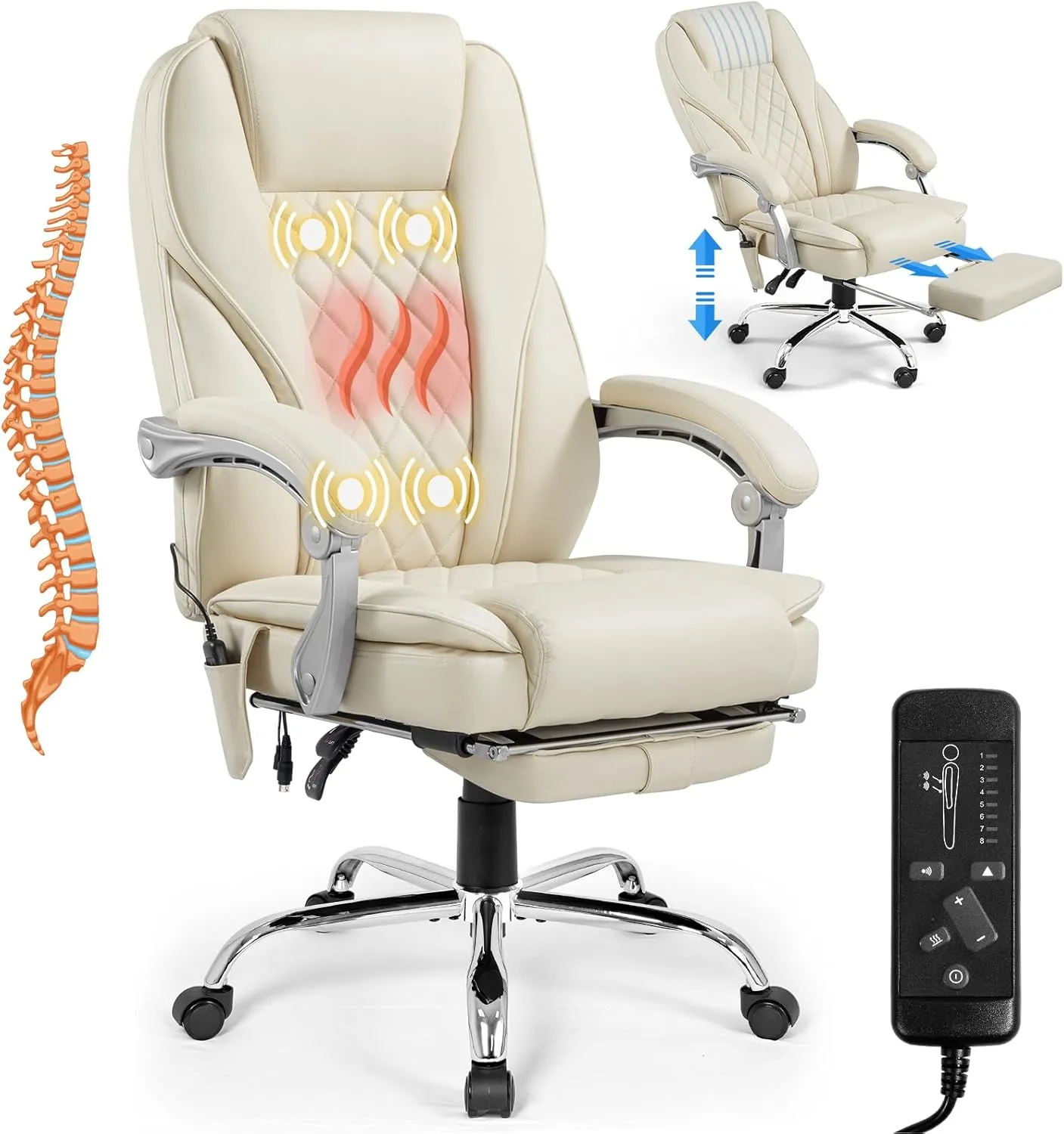 400lbs Executive Leather Office Chair with Ergonomic Design and Reclining Function - Comfortable Computer Desk Chair with Integrated Foot Rest-Beige & Classic
