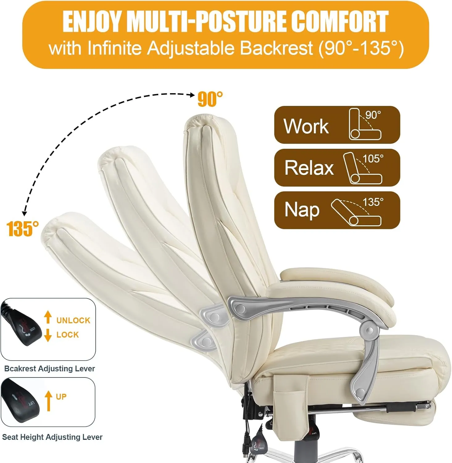 400lbs Executive Leather Office Chair with Ergonomic Design and Reclining Function - Comfortable Computer Desk Chair with Integrated Foot Rest-Beige & Classic