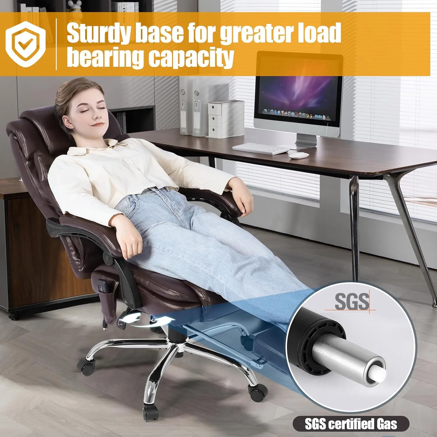 400lbs Executive Leather Office Chair with Ergonomic Design and Reclining Function - Comfortable Computer Desk Chair with Integrated Foot Rest-Beige & Classic