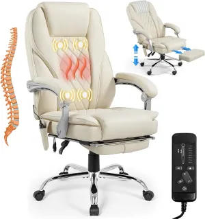 400lbs Executive Leather Office Chair with Ergonomic Design and Reclining Function - Comfortable Computer Desk Chair with Integrated Foot Rest-Beige & Classic