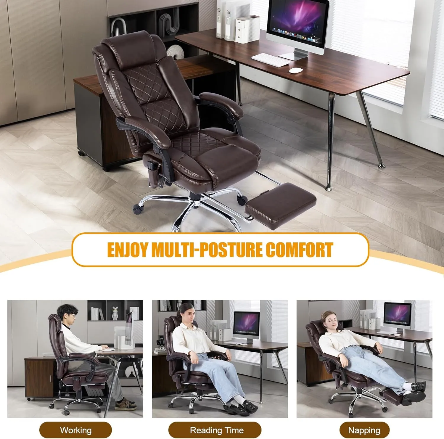 400lbs Executive Leather Office Chair with Ergonomic Design and Reclining Function - Comfortable Computer Desk Chair with Integrated Foot Rest-Beige & Classic