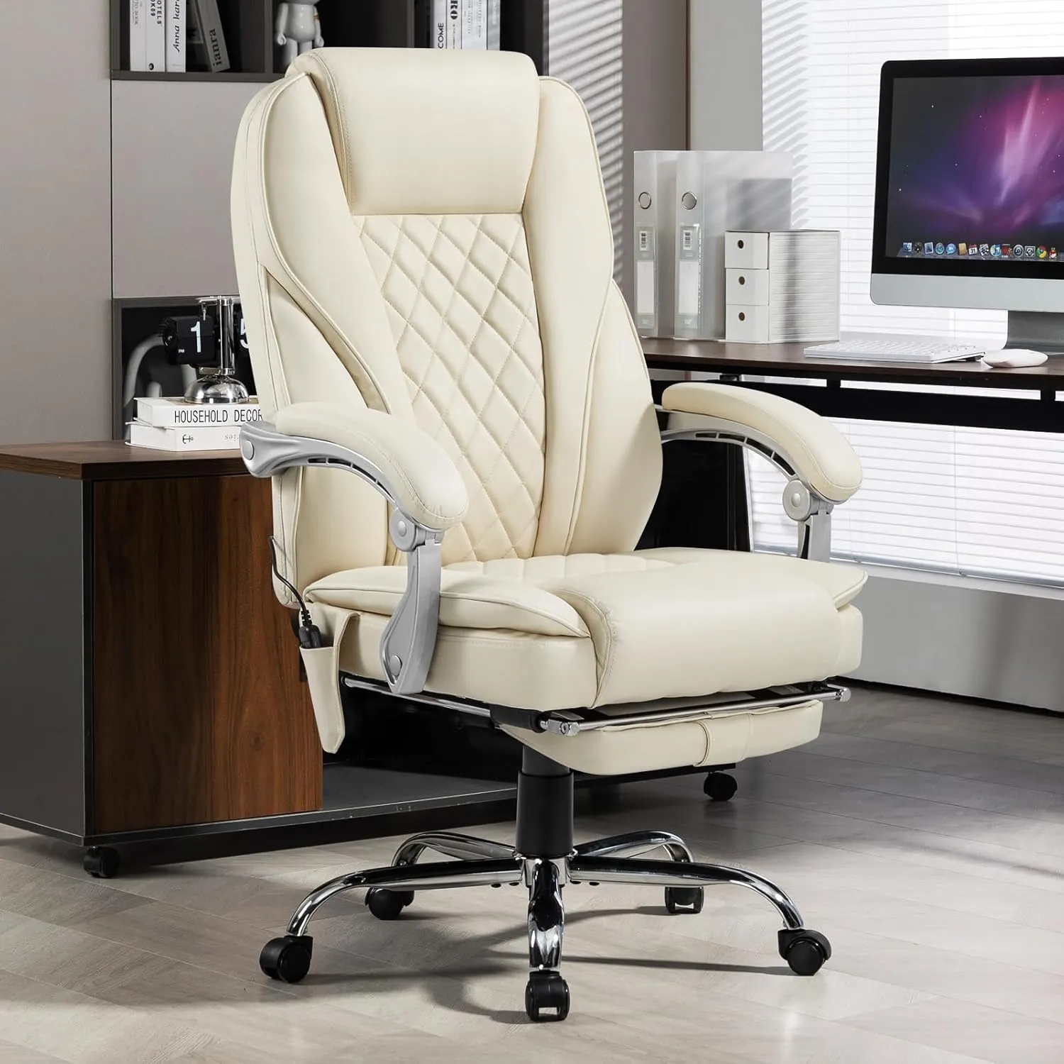 400lbs Executive Leather Office Chair with Ergonomic Design and Reclining Function - Comfortable Computer Desk Chair with Integrated Foot Rest-Beige & Classic
