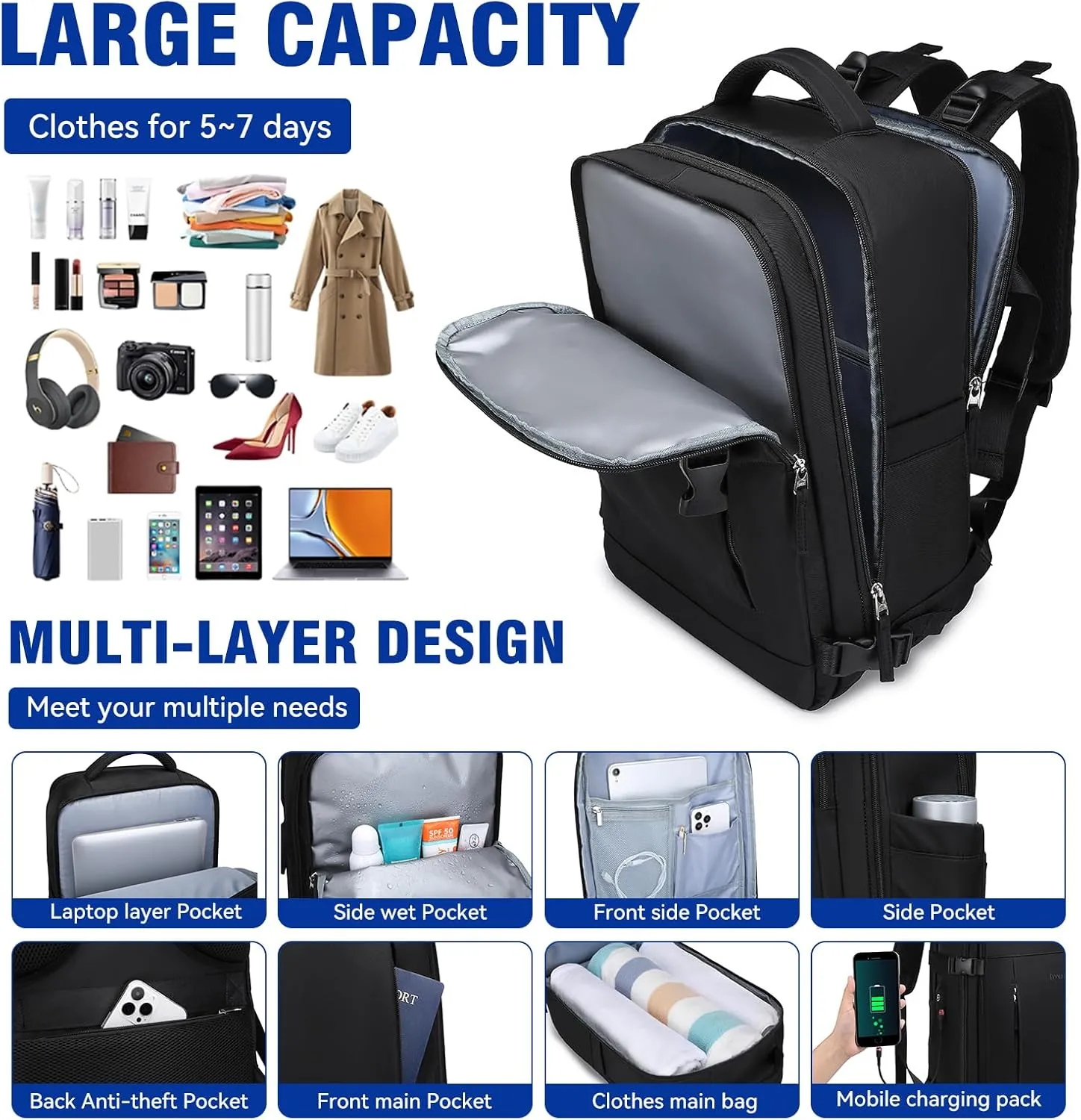 40L Travel Backpack for Men, 17-inch Laptop Backpack Carry-On Backpack Airline Approved, Anti-theft Backpack with USB Port, Hiking Backpack for Flight, Black