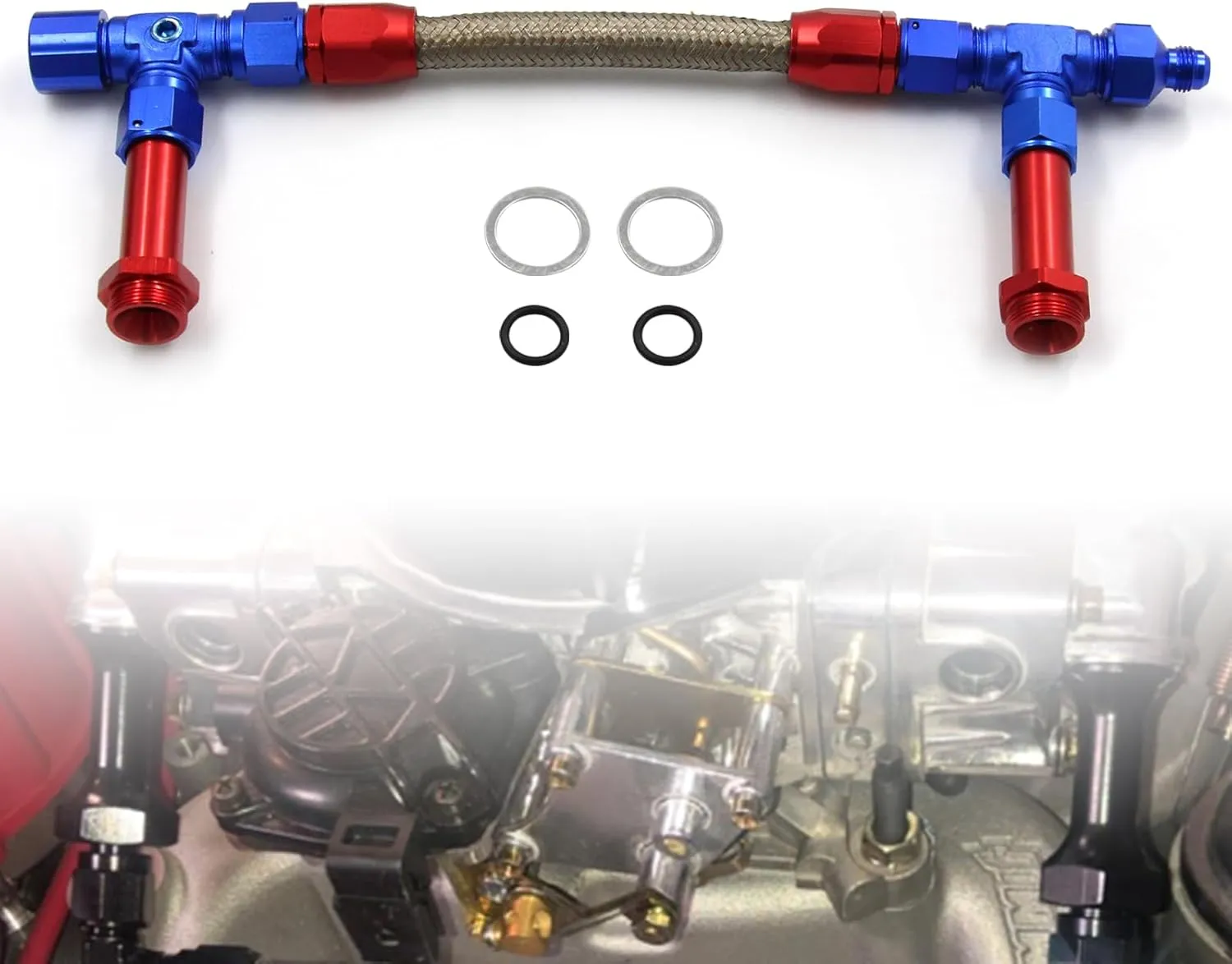 4150 Carburetor Fuel Line Kit 8AN Dual Feed to 7/8" Braided Dual Inlet for Holley Red Blue