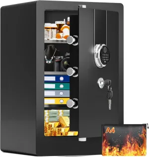 4.5 Cuft Large Biometric Fireproof Safe for Home Use, Quick-Access Fingerprint Safe Box with Fireproof Document Bag, 3 Removable Shelves and Dual Alert, Security Safety Box for Home Office